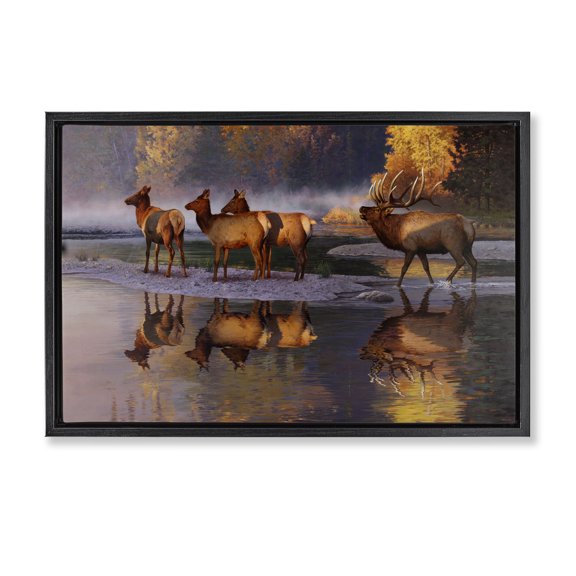 Stupell Industries Distant Challenge Elk Family Landscape & Nature Painting Black Floater Framed Canvas Art Print Wall Art, 25 x 17