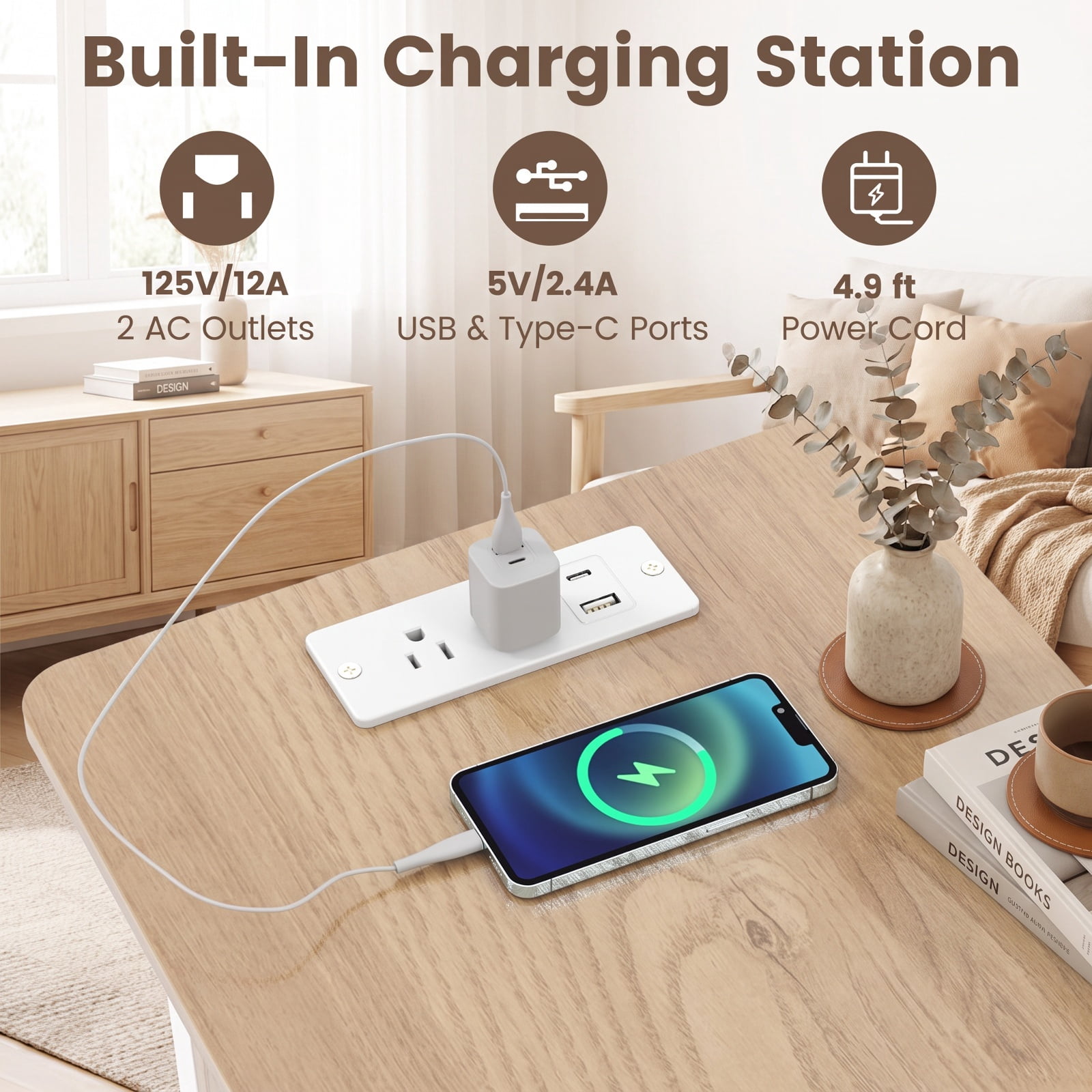 Furnibear Set of 2 End Table with Charging Station and Hidden Compartment USB Type C Ports and Bottom Shelf for Living Room Bedroom, Natural