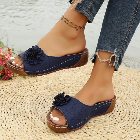 Fnooota Womens Comfort Sandals, Vacation Casual Slip On Open Toe Wedge Sandals Blue Size 7