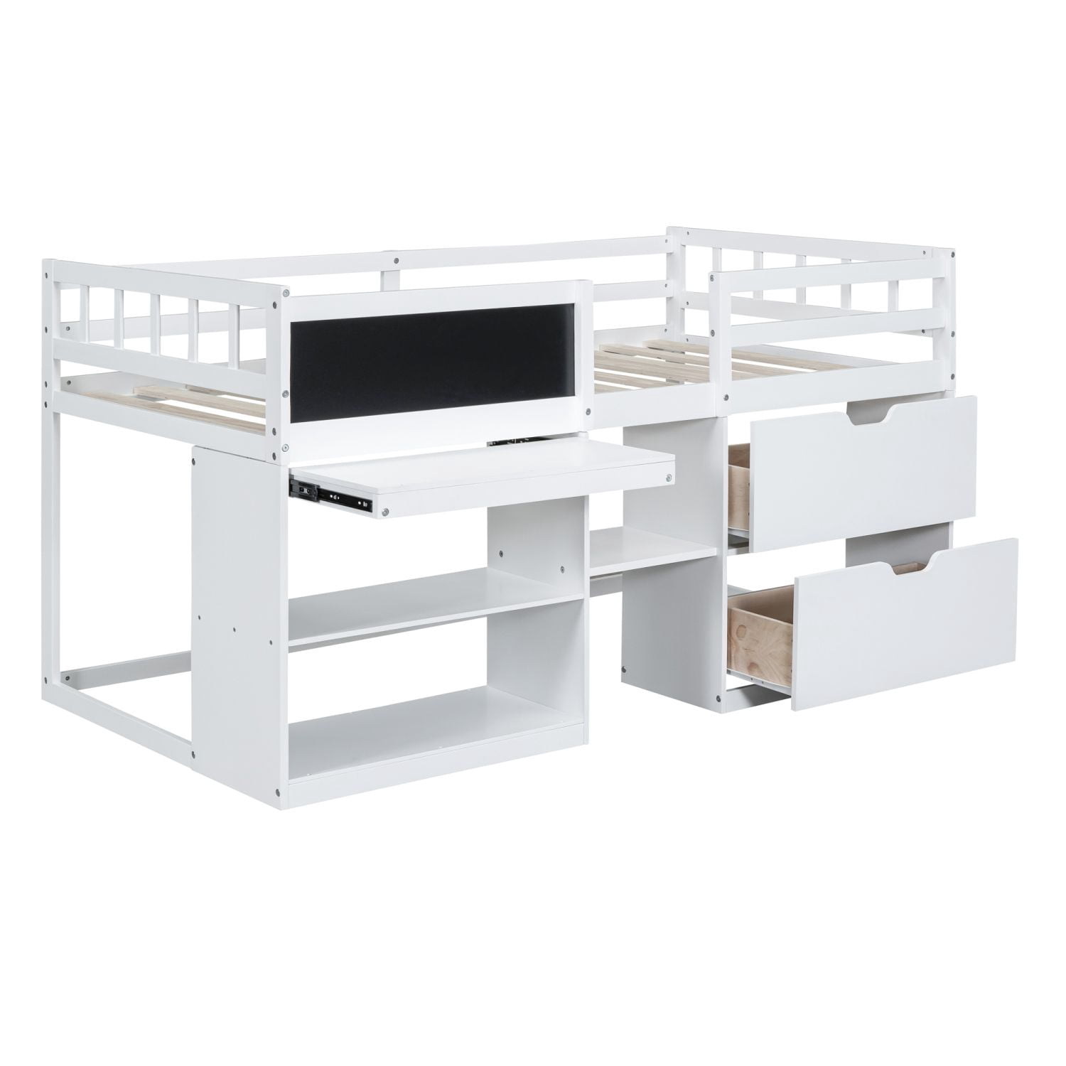 Asteroutdoor Twin Size Low Loft Bed with Rolling Desk, Shelf and Drawers - White