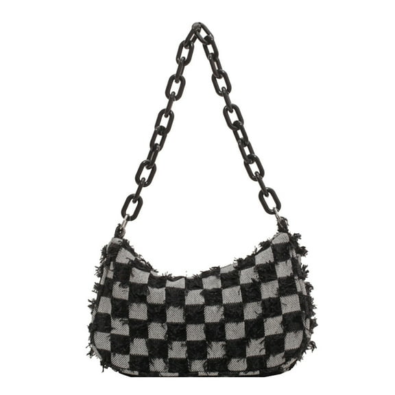 Yucurem Vintage Denim Women Shoulder Bag Blue Checked Acrylic Chain Handbag (Black)