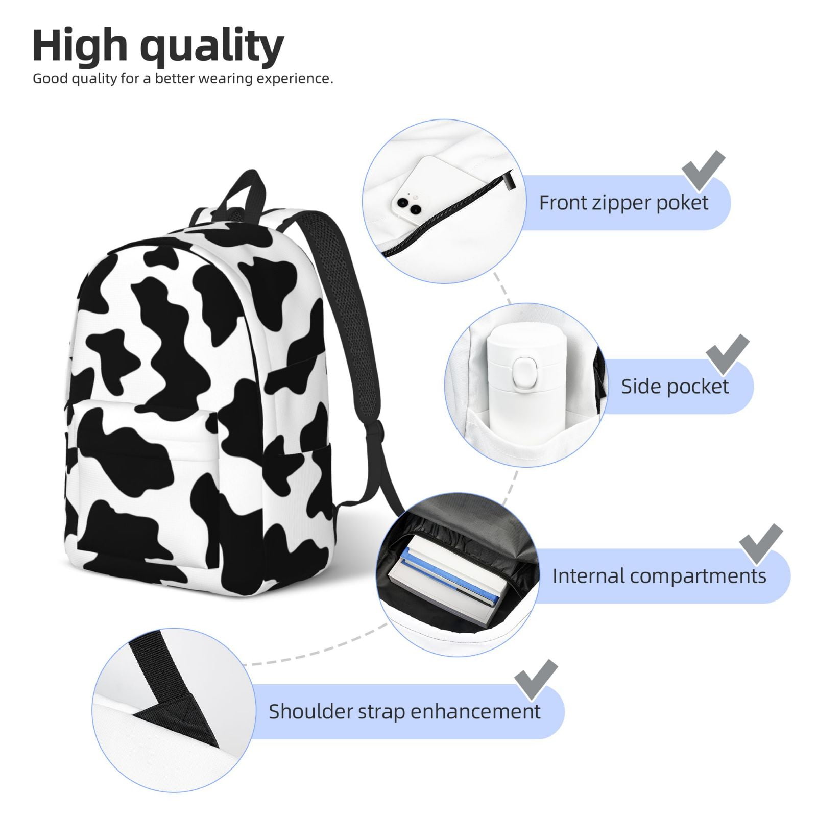 Picia Milk Cow Printed Canvas Daypack - Stylish and Durable Vintage Compact Backpack - Class, Work, Travel, or Laptop Bookbag,Organized Compartments-Small