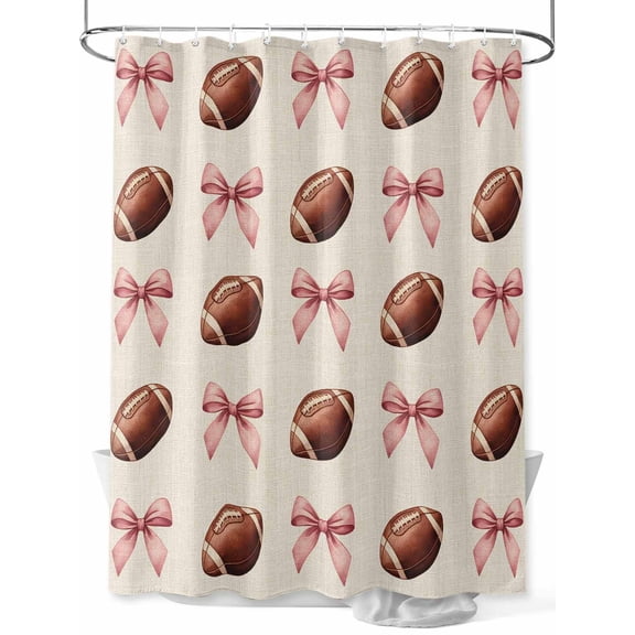 Fsddascl Pink Bow Football Shower Curtain Set - Standard 72" x 72" Washable Bathtub Curtain with 12 Hooks, Modern Game Balls Retro Burlap Waterproof Fabric Stall Shower Curtains for Bathroom/Bathtub