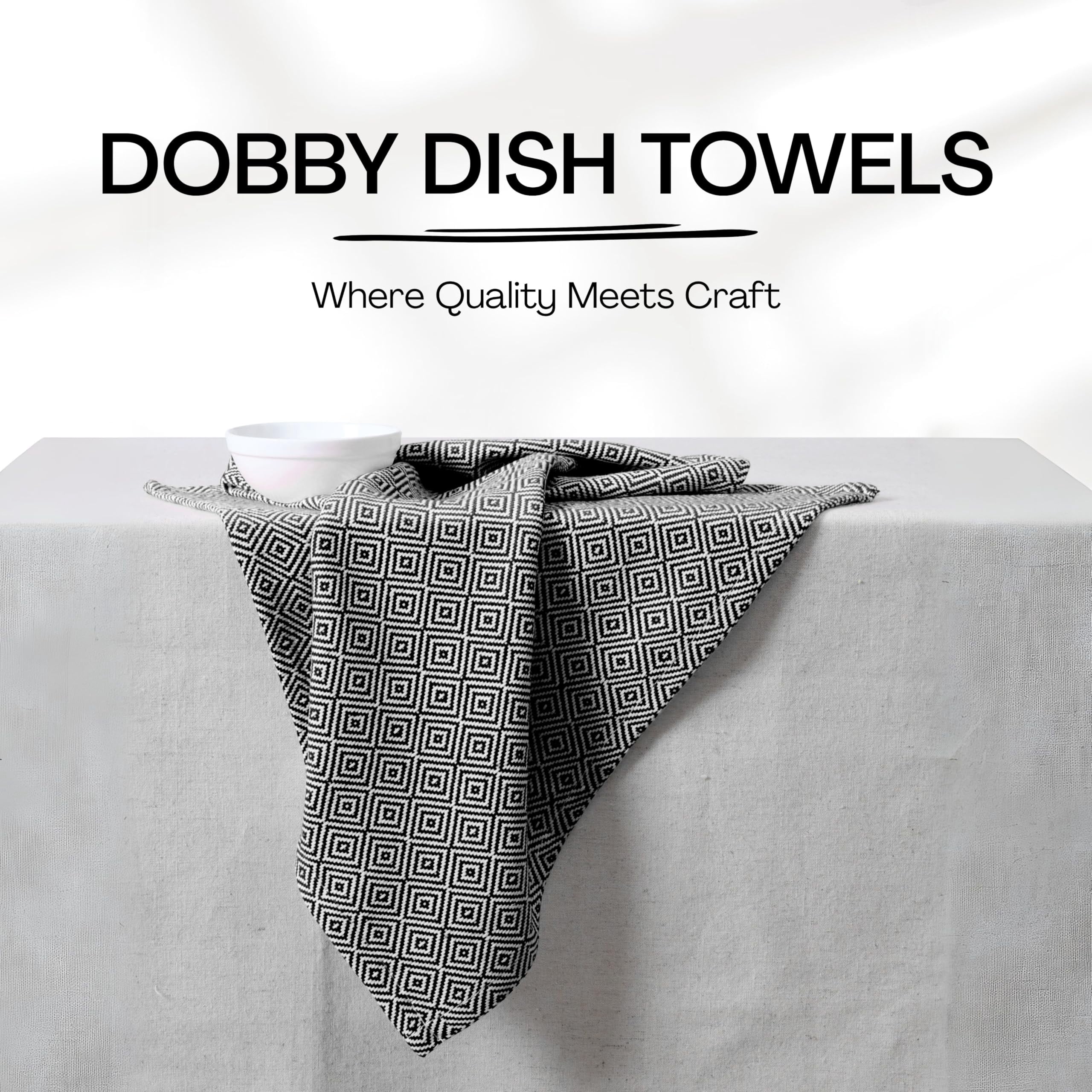 HEIRLOOM COMFORT Black Kitchen Towels, 5 Pack, 100% Cotton, 16"x26", Super Absorbent and Quick Dry, Diamond Design Towel Set, Reusable, Durable Dish Cloths for Kitchen Use, Cleaning & Drying Dishes