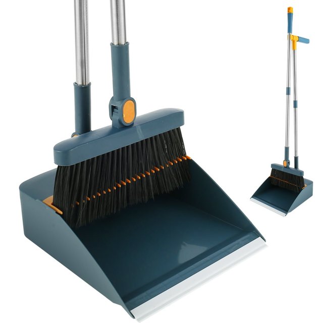 AMERTEER Broom and Dustpan Set with Magnetic Storage Design 180° Rotatable Upright Sweeper Dustpan Set with Comb Teeth(White)