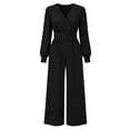 thumbnail image 4 of Sunnin Womens Jumpsuit Solid Color V Neck Long Sleeve Pleated Waist Wide Leg Jumpsuit Comfortable, 4 of 6