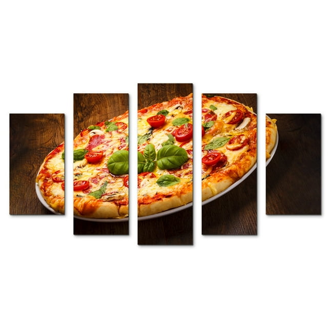 Juego de Cuadros Decorativos, Pizza Italiana Estilo Margarita, Estilo Rústico y Apetitoso, 5 Piezas, Ideal para Pizzería y Cocina, 150x80cm