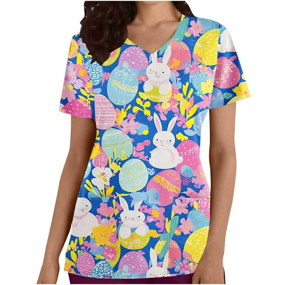 BEFOKA Graphic Scrub Tops Women Short Sleeve V Neck Scrub for Womens Cute Printed Nursing Uniforms Shirts with Pockets Classic Holiday Scrub Shirt