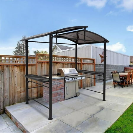 EAGLE PEAK 8x5 BBQ Grill Gazebo Outdoor Backyard Steel Frame Double-Tier Polycarbonate Hard Top Canopy with Shelves Serving Tables