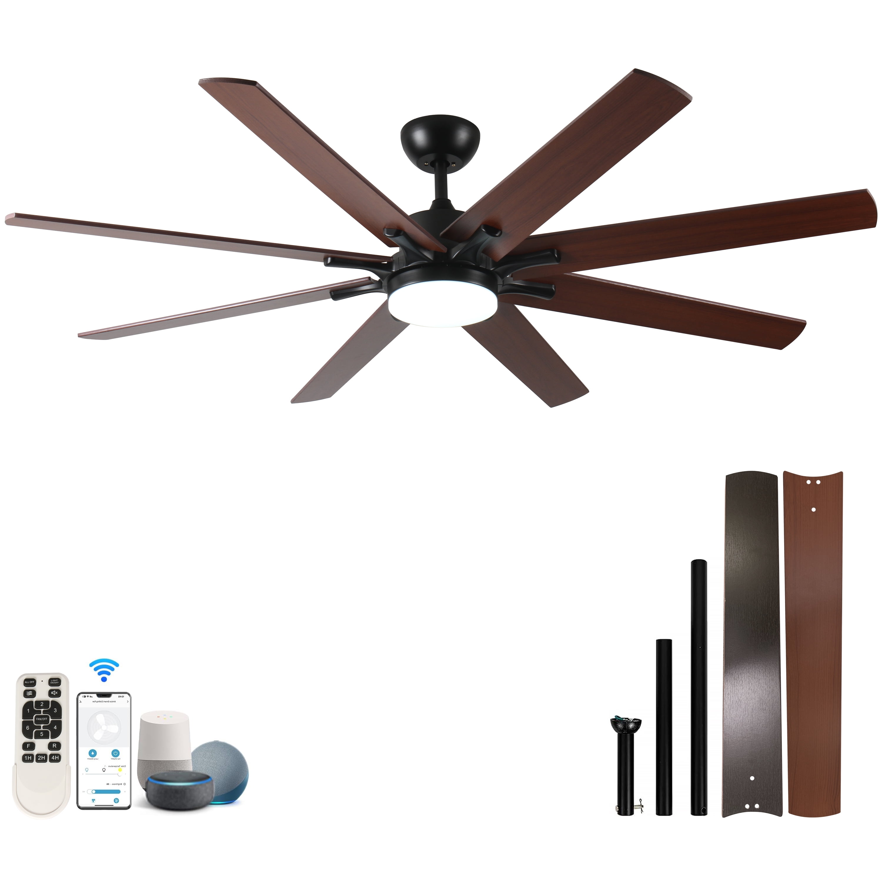 Ceiling Fan with Lights, 72 Inch Large Modern Remote Ceiling Fan for Kitchen Living Room Indoor Outdoor Space, Black Dark Walnut