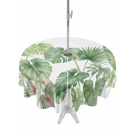 Outdoor Tablecloth with Umbrella Hole for Patio/Picnic/Party/Camping, Tropical Plant Waterproof Table Cloth Round Cover Washable, Summer Watercolor Green Palm Leaves (Dia 60")