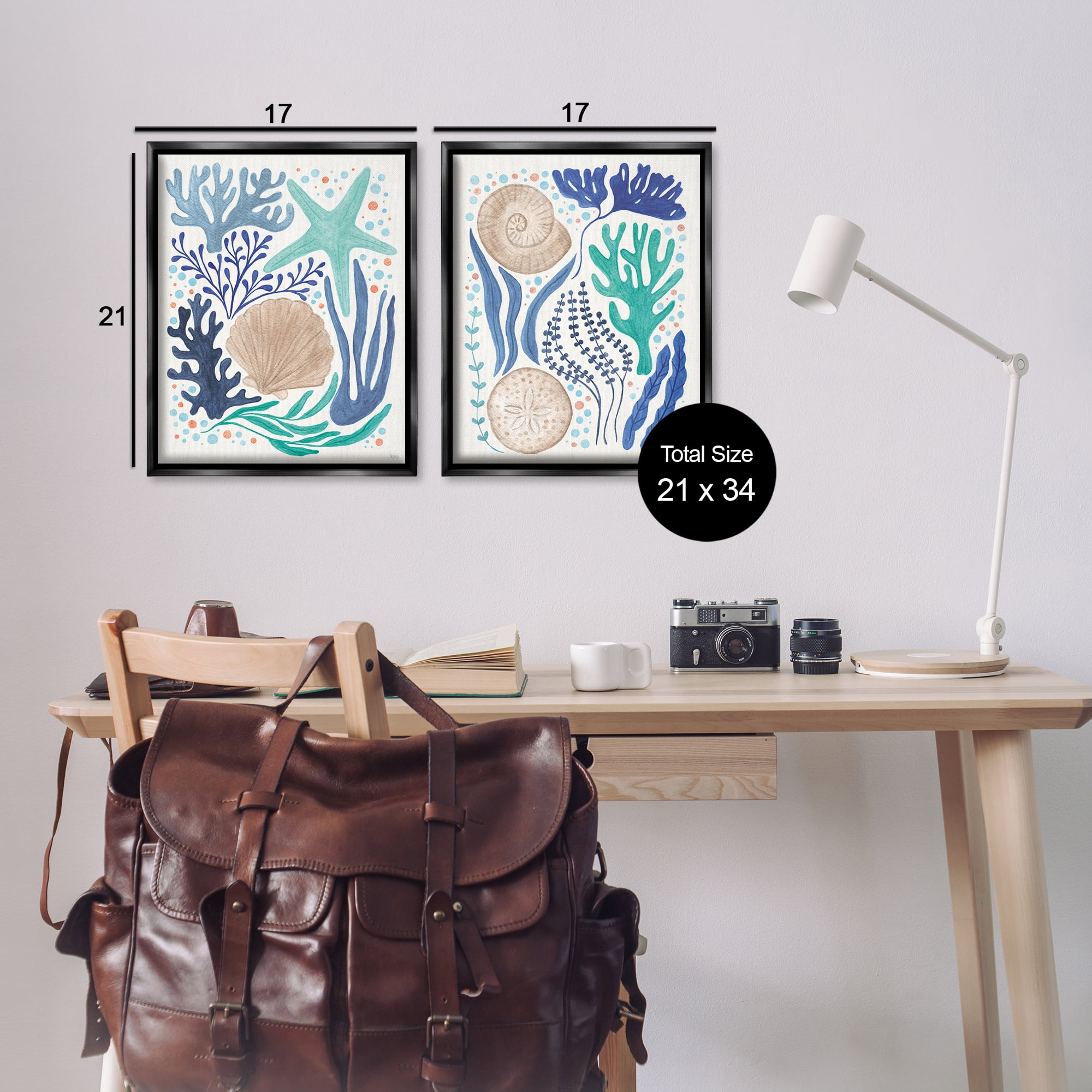 Stupell Industries Coastal Currents Sea Life Nautical & Beach Painting Black Floater Framed Canvas Art Print Wall Art, 17 x 21, Set of 2
