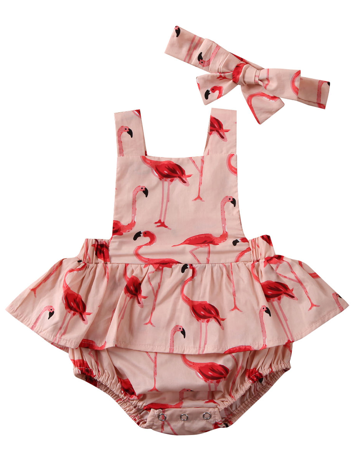Baby Girl Long Sleeve Pink Ruffle Romper Flamingo Printing Pants with Headband Outfit Set