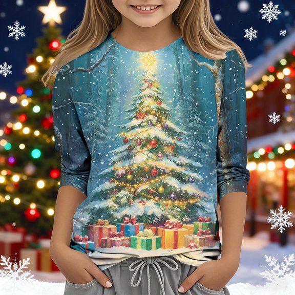YUNAFFT Girls Christmas Print Casual 3/4 Sleeve Round-Neck Blouses & Shirts Cotton-Like Comfort Fit Elastic 4-14Y