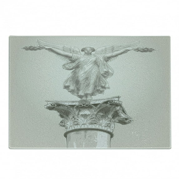 Retro Cutting Board, Angel Greek Muse on NeoClassic Pillars Relic Print Antique Neutral Toned Graphic Print, Decorative Tempered Glass Cutting and Serving Board, Small Size, White, by Ambesonne