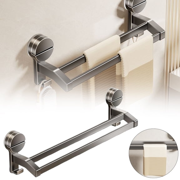 Suction Cup Double Rod, Heavy Duty Towel Bar with Hooks, Bathroom, Kitchen, Glass, Tile. Reusable, Rustproof, No Drill, No Tools. Hang Towel, Loofah, Sponge, 1 Pcs, 15.75x4.72x4.72"