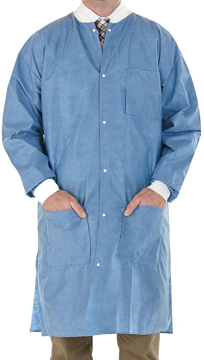 3 Pockets Thigh Length Pack of 20 EOM High Performance SMS Disposable Lab Coat With Knit Cuffs and Collar Medium 