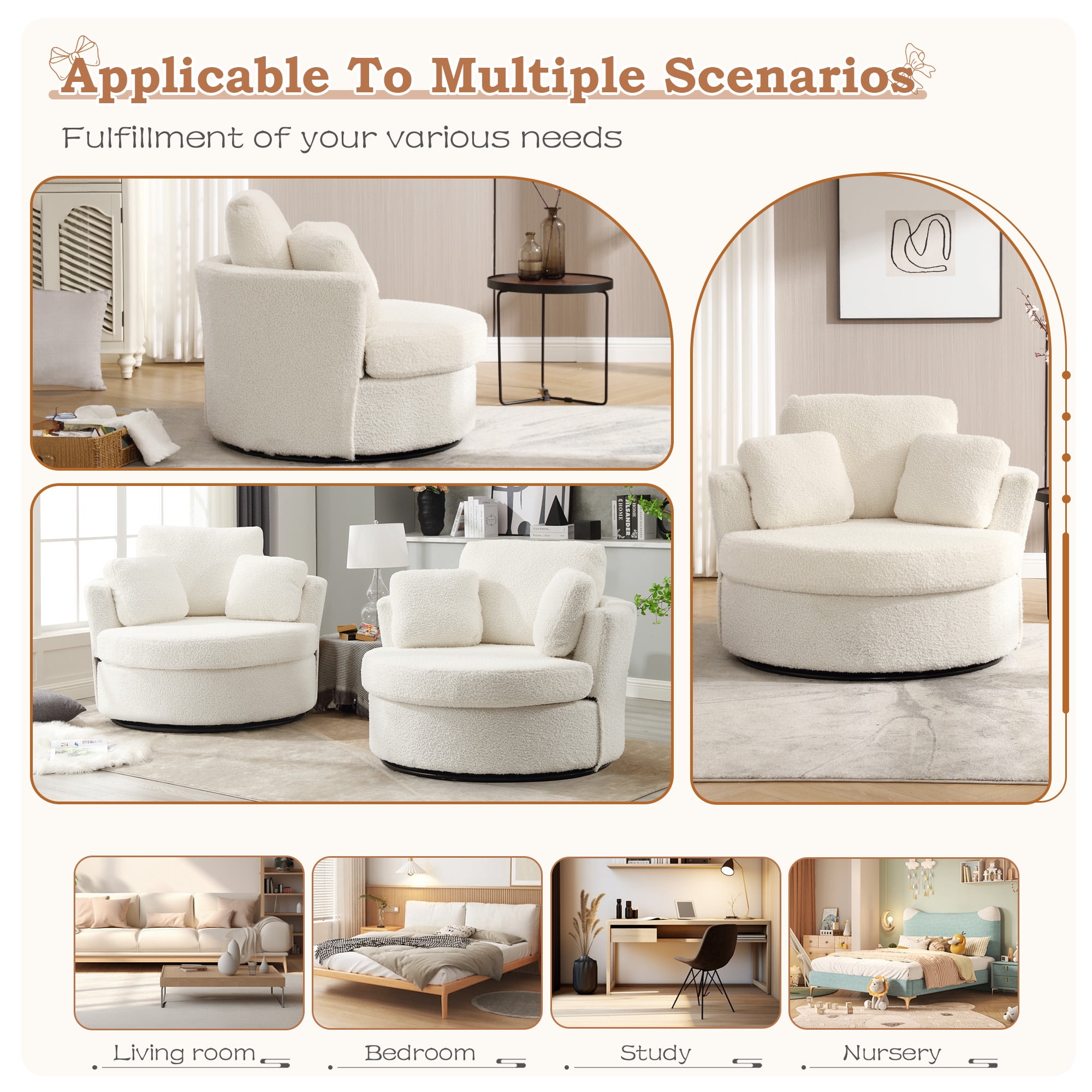 Muumblus Teddy Oversized Swivel Accent Chair Barrel Chair, 42.1" W Comfy Large Armchair with Pillows, Modern Leisure Sofa Chair for Living Room Bedroom, Ivory