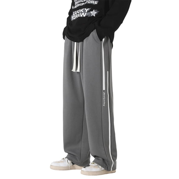 LWavelet Men's Side Striped Wide Leg Joggers with Text Detail - Drawstring Waist Trendy Casual Daily Pants Dark Gray XL