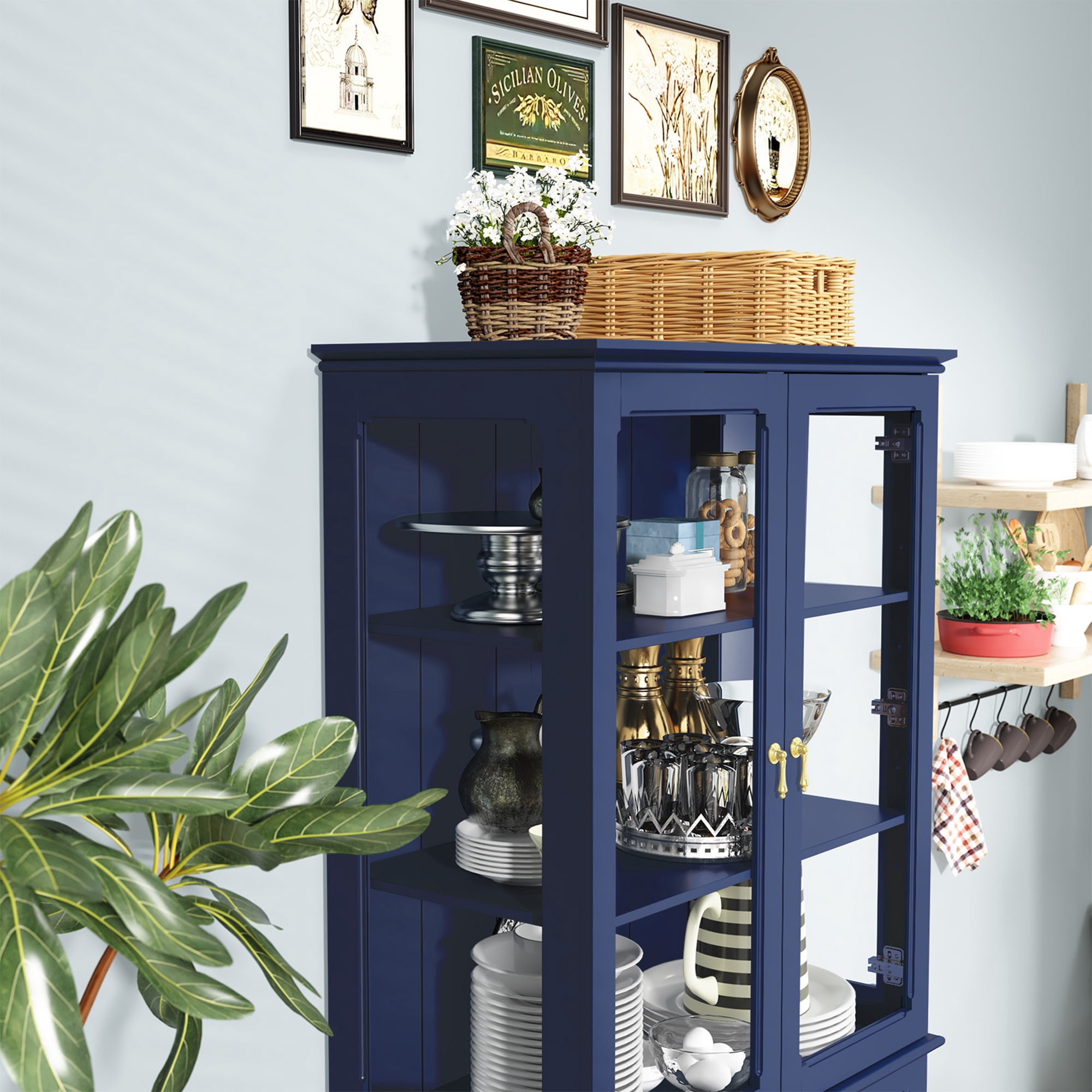 HLR 72 " Freestanding Kitchen Pantry Storage Sideboard,Glass Display Cabinet with Doors, Navy Blue