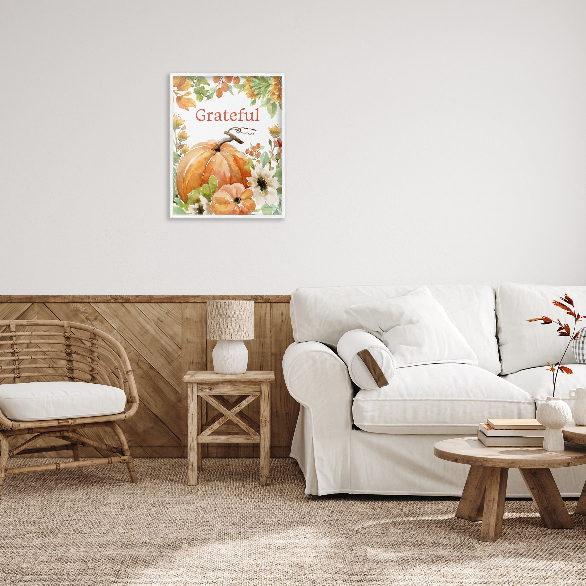 Stupell Industries Grateful Pumpkins & Flowers Holiday Painting White Framed Art Print Wall Art, 24 x 30