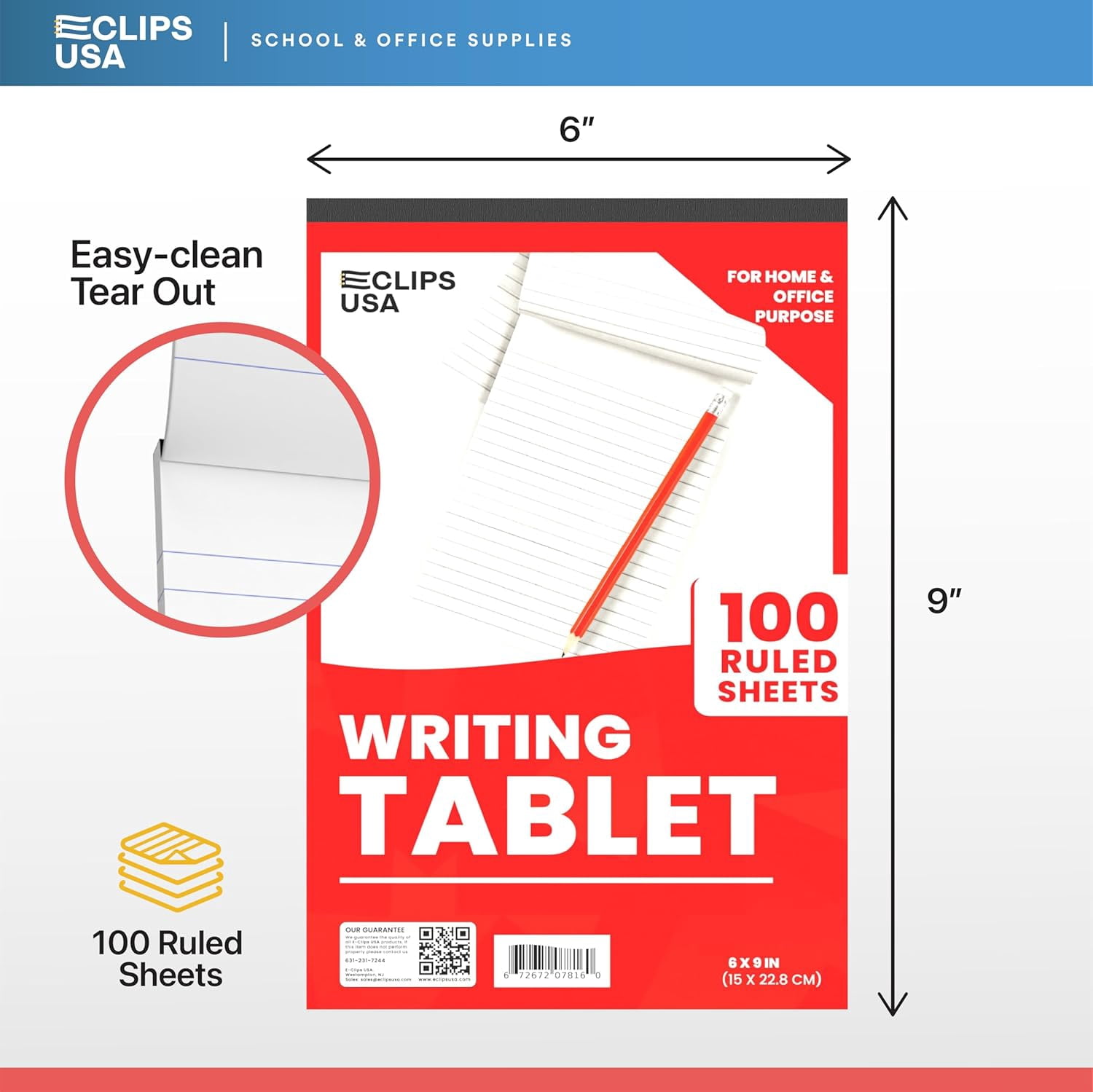 E-CLIPS USA Ruled Writing Tablet Small Note Pads, 9” x 6”, 100-Sheet Pad, 48-Pack