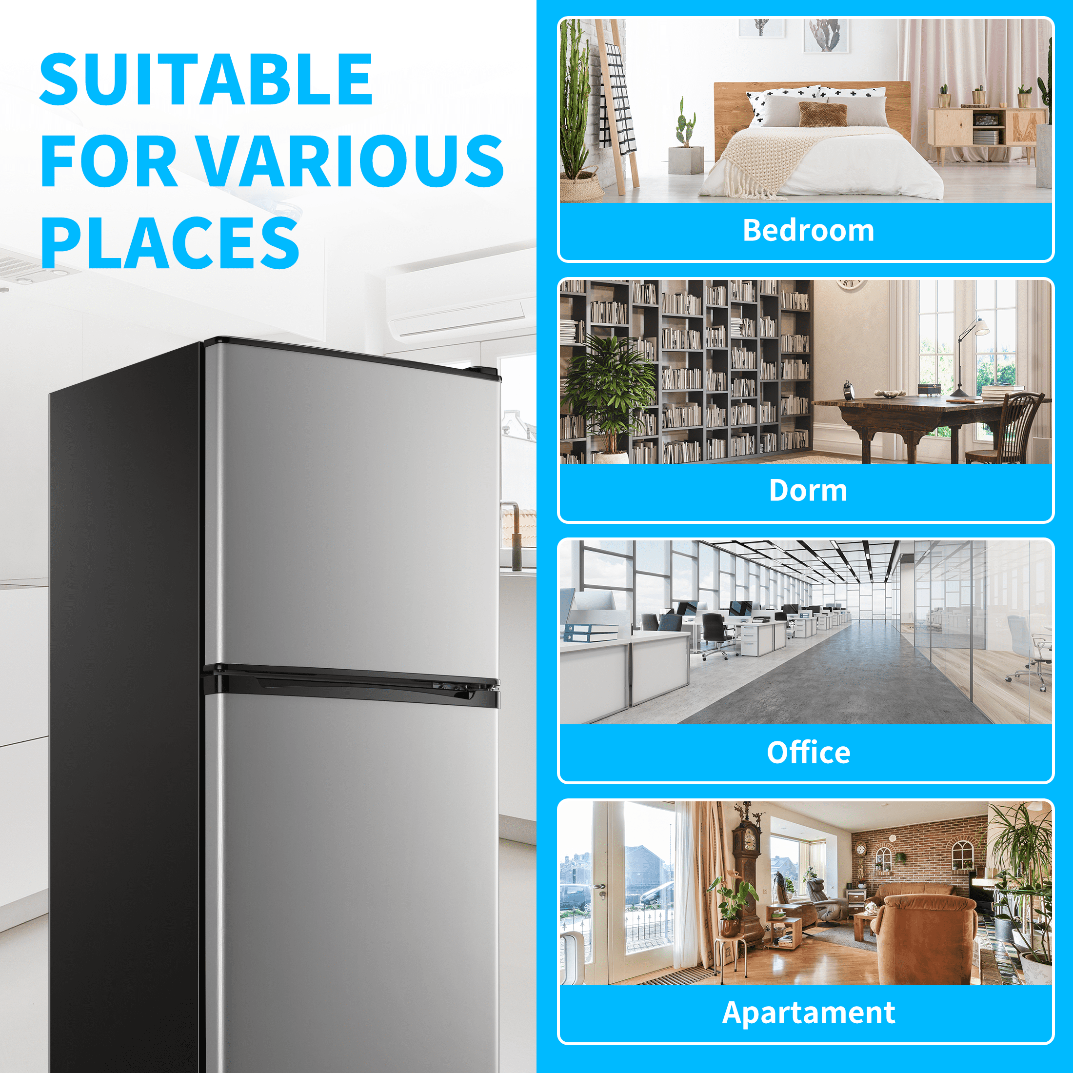 4.5 Cu. ft. Compact Refrigerator 2 Door with Freezer,5 Adjustable Thermostat & 4 Removable Glass Shelves