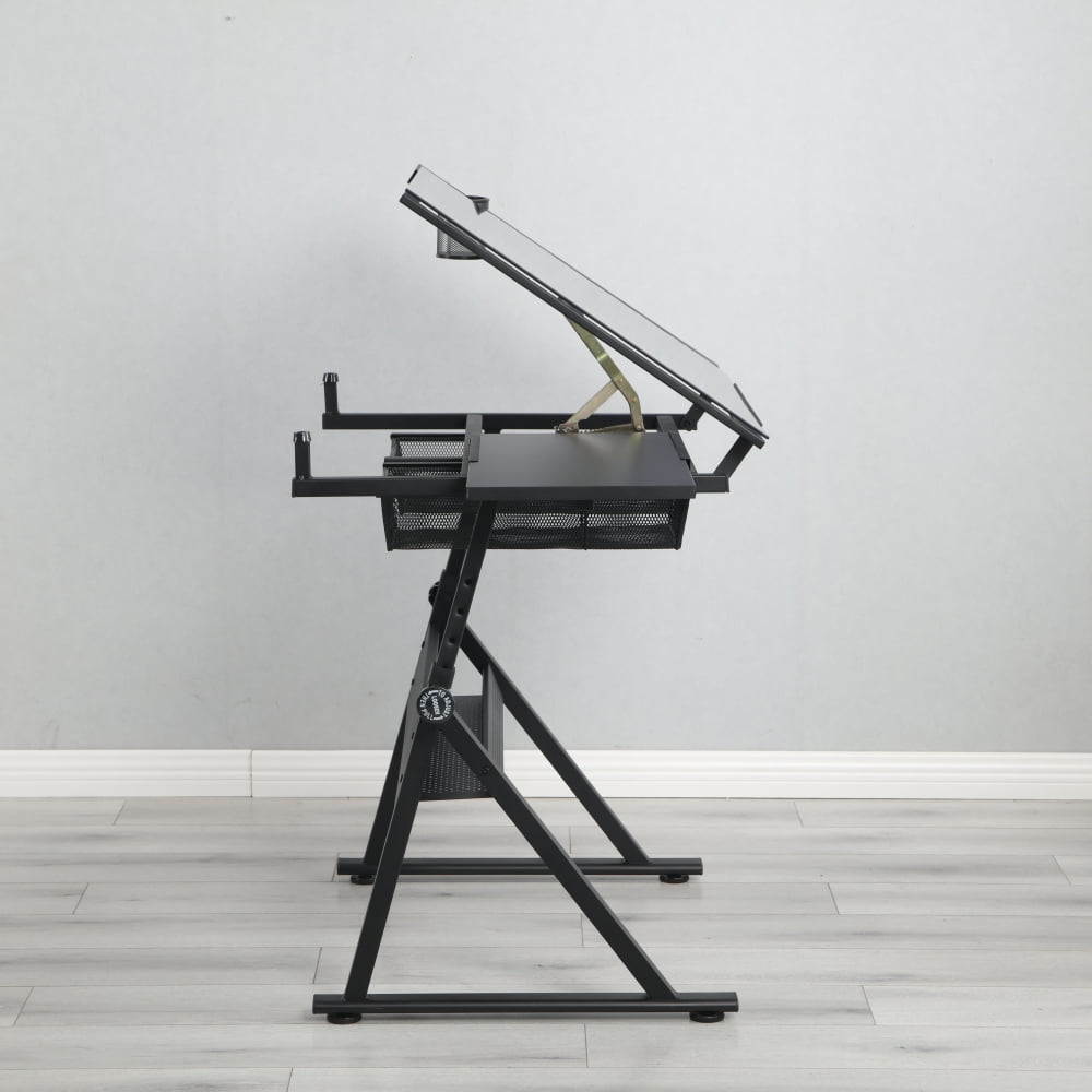 Adjustable Drafting Table With Stool & 2 Drawers - Tilting Glass Top, Height 29.5"-41.34", Black
