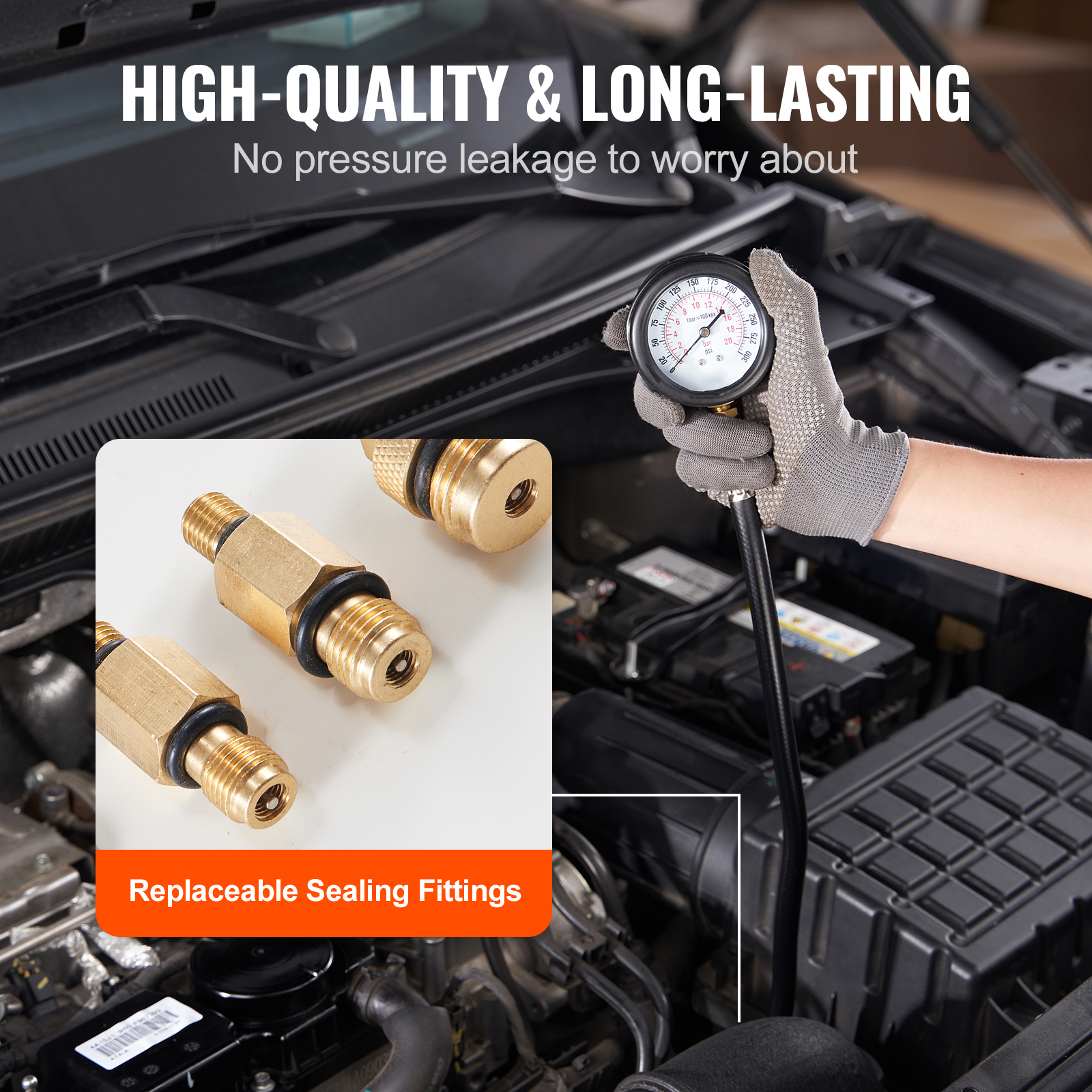VEVOR Compression Tester Adapter Kit, 9 Pcs Automotive Engine Cylinder Leak Down Compression Test, Accurate Dual Scale Pressure Gauge 0-300 psi, with Long Reach Hoses and Case for Engine Cylinders