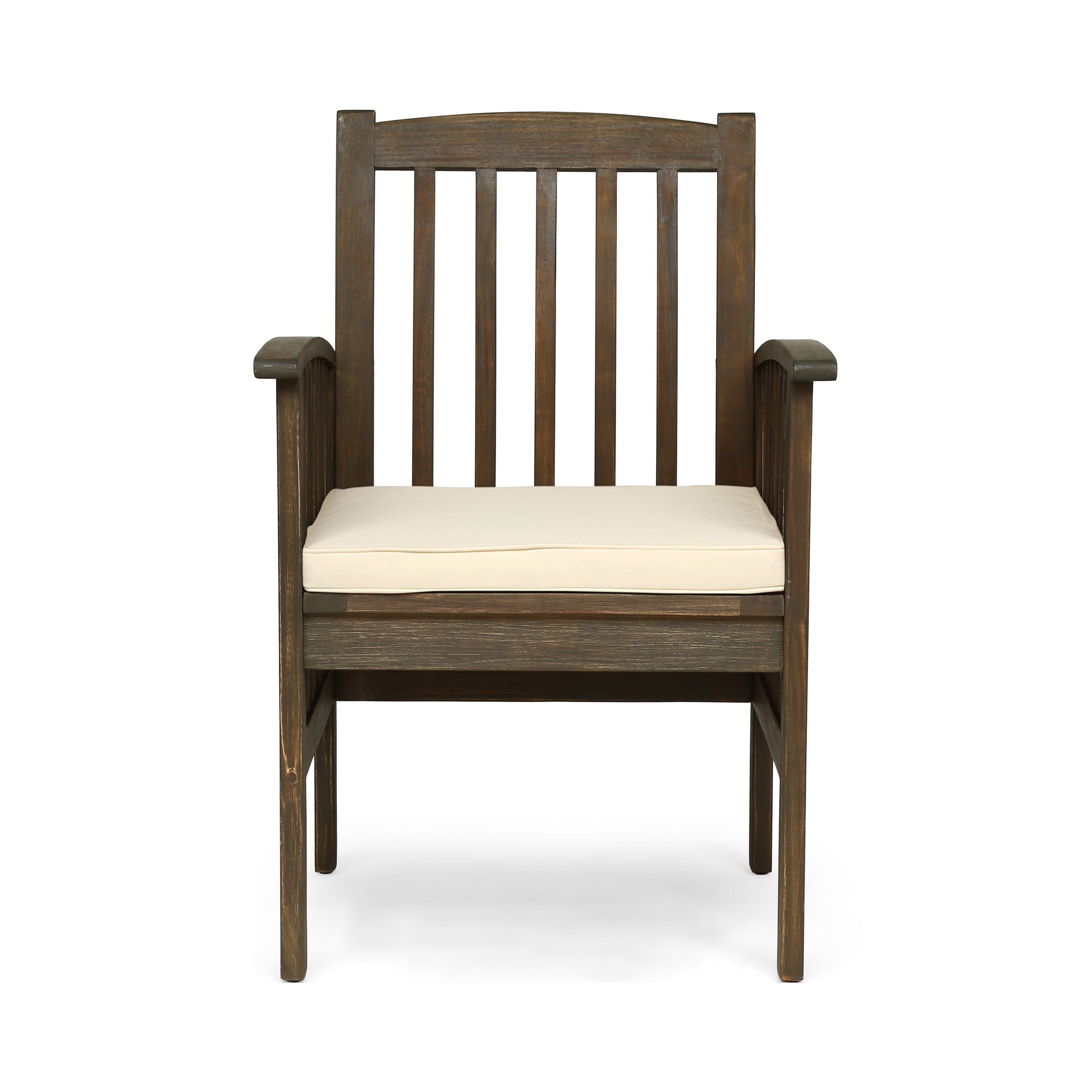 Outdoor Cushioned Dining Chair Set of 2, Acacia Wood Frame Comfort Seats for Patio Garden, Gray and Cream