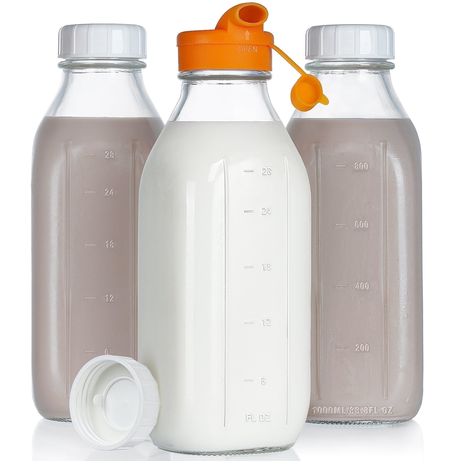 Syntic 32 oz Reusable Glass Milk Bottles with Silicone Dispenser Cap, 3 Pack Glass Jars with Airtight Screw Lid, Leak Proof Juice Bottles with Scale Mark Breastmilk Storage Container for Fridge