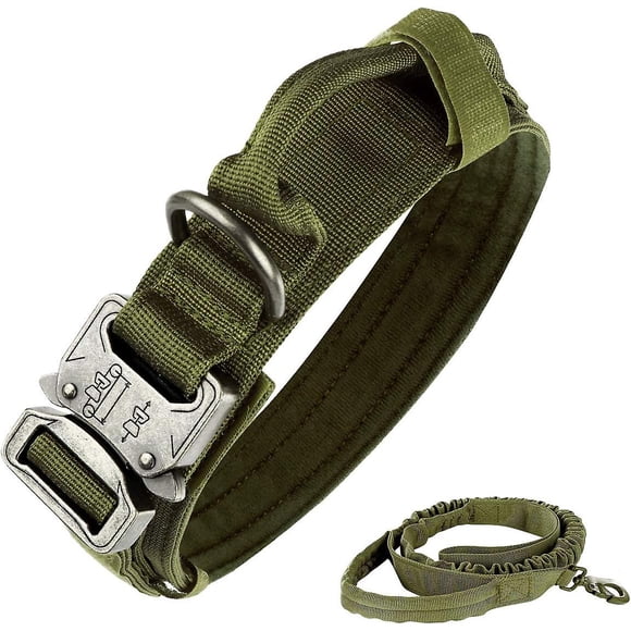 Tactical Dog Collar, Nylon, Adjustable, K9 Collar, Heavy Duty Metal Buckle with Handle and Tactical Bungee Dog Leash, Nylon (XL, Army Green)