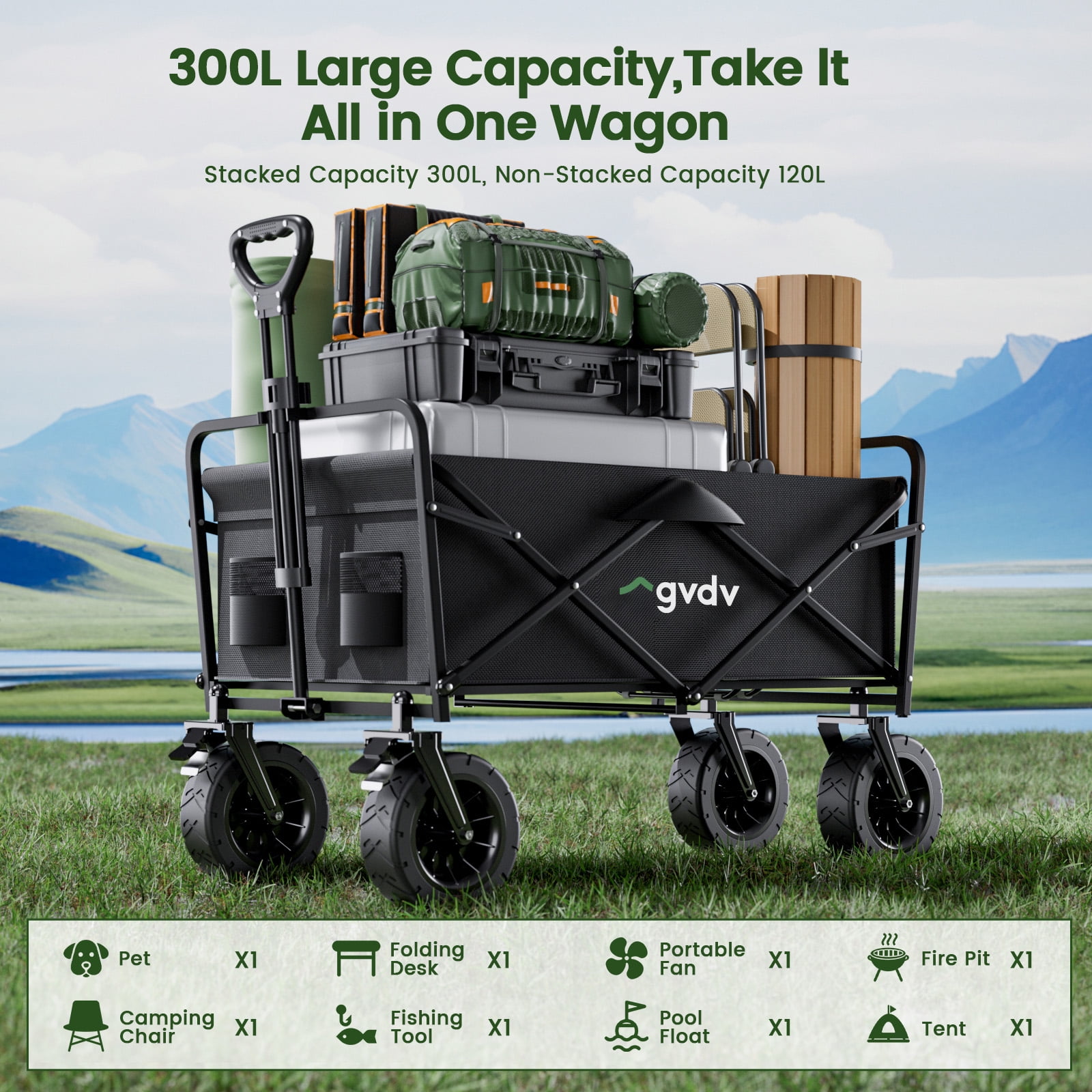 GVDV Heavy Duty Collapsible Folding Wagon with All-Terrain Wheels