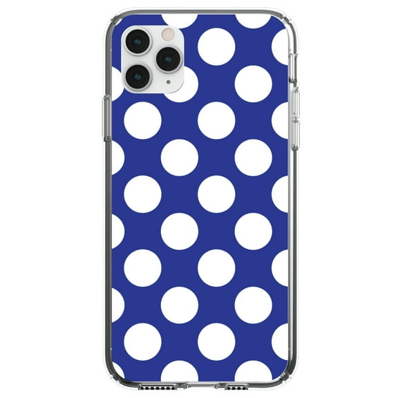 DistinctInk Clear Shockproof Hybrid Case for iPhone 11 Pro MAX (6.5" Screen) - TPU Bumper, Acrylic Back, Tempered Glass Screen Protector - White & Dark Blue Polka Dots