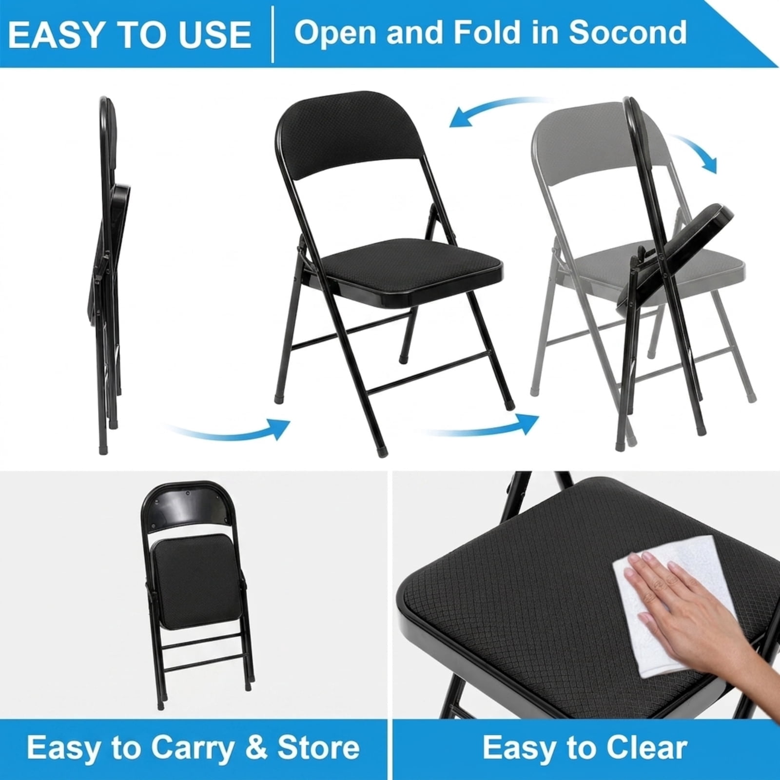 Fenbeli Fabric Padded Folding Chairs Set of 6, Black Portable Foldable Dining Chairs with Steel Frame, Space-Saving Seating for Home Office Events