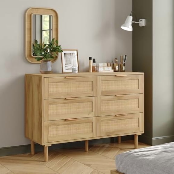 6 Drawer Rattan Dresser for Bedroom Wood Boho Dressers with Solid-Wood Legs & Natural Real Rattan Drawer, Modern Chest of Drawers Beside Table for Bedroom, Living Room