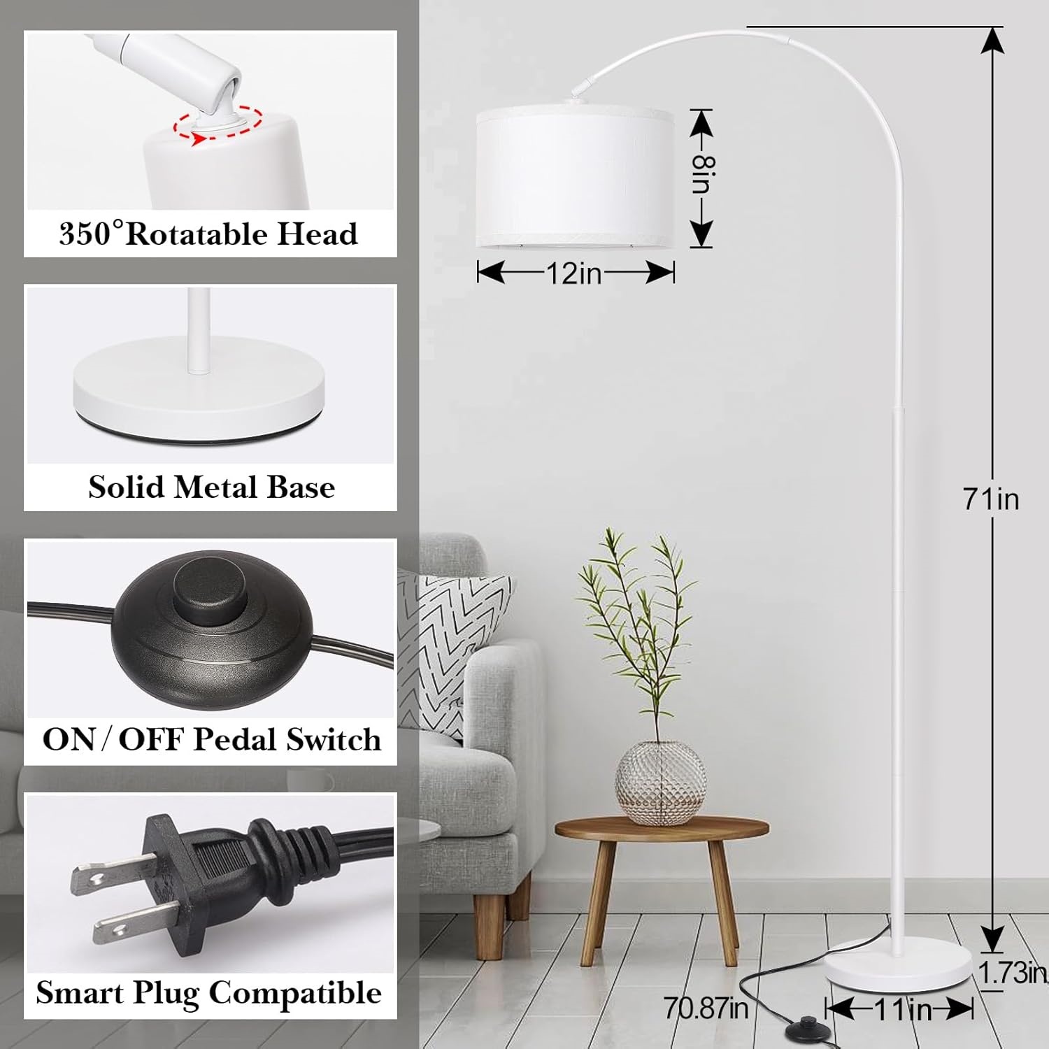 White Floor Lamp, Modern Floor Lamp for Living Room with Adjustable Lamp Head, Tall Pole Standing Lamp with On/Off Pedal Switch, Over Couch Reading Light for Bedroom, Office, Study Room