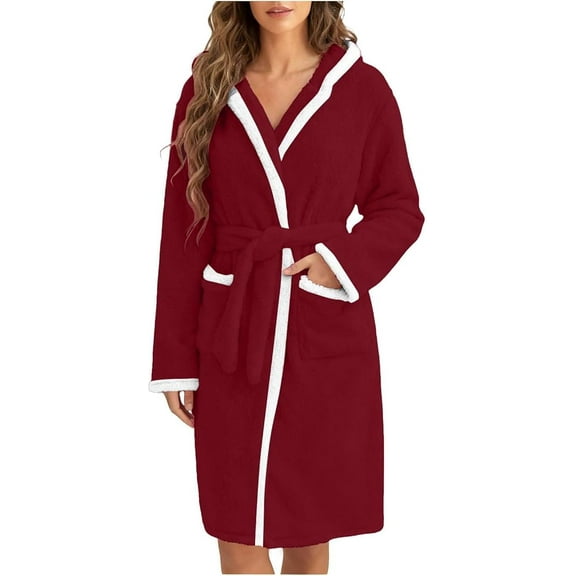 Long Fleece Hooded Robe Warm Fuzzy Bathrobe Women Warm Pajama Loungewear Belted Collared Kimono Spa Robes with Pocket ( red )