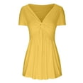 thumbnail image 4 of XFLWAM Women Deep V Neck Twist Knot Front Top Summer Casual T-Shirt Short Sleeve Pleated Blouse Yellow L, 4 of 6