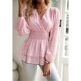 thumbnail image 3 of Surplice Neck Leaf Print Shirred Waist Tiered Peplum Hem Blouse Pink Large, 3 of 7