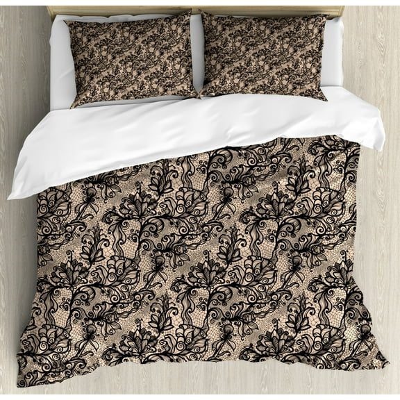 Gothic Duvet Cover Set King Size, Abstract Old Fashioned Blossoms Nature Inspired Feminine Pattern Baroque Influences, Decorative 3 Piece Bedding Set with 2 Pillow Shams, Tan Black, by Ambesonne