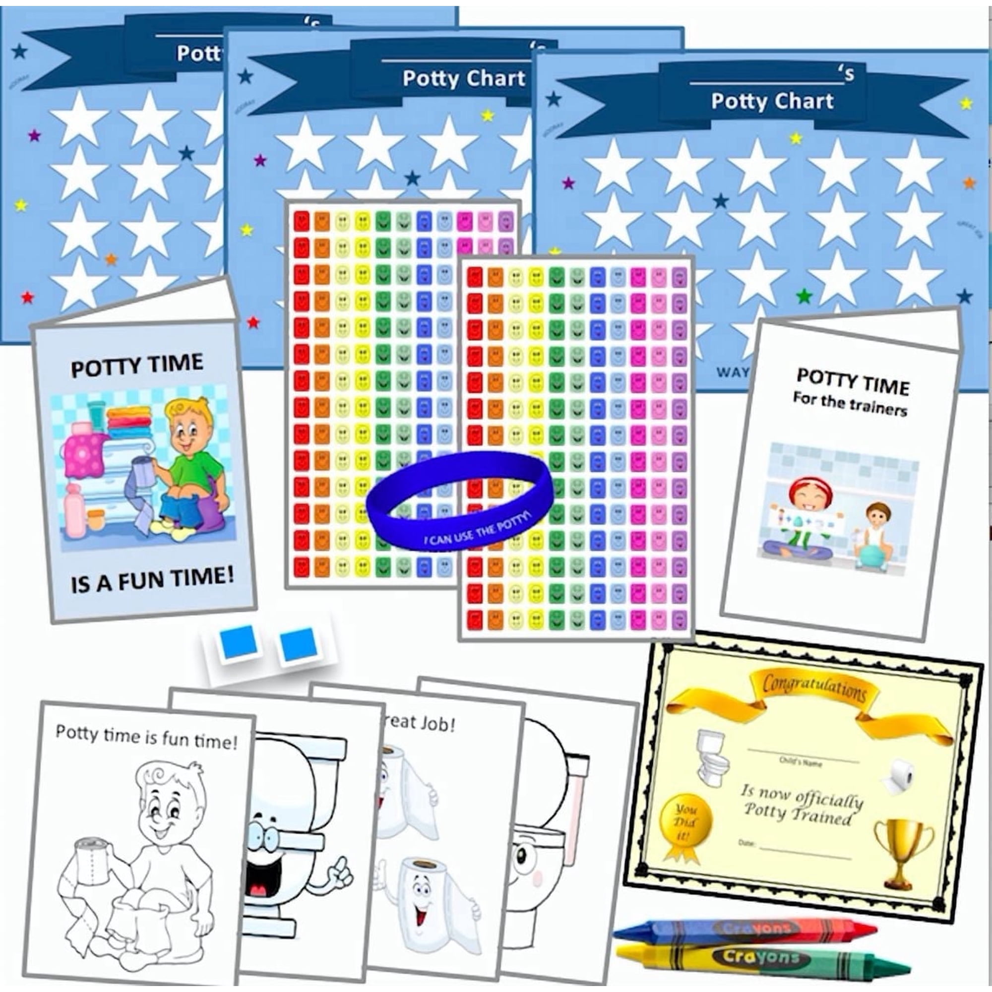 Potty Training (6wks) 322 Pieces, System-Kit/Guide- 3 Charts, 308 Stickers, Certificate, Bracelet, 4 Color Sheets, 2 Crayons (4 Color) Wall Putty- 18mos-4yrs