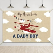 Airplane Baby Shower Backdrop Up Up and Away A Baby Boy is On The Way Decorations Clouds Adventure Awaits Boy Party Background Oh Boy Banner