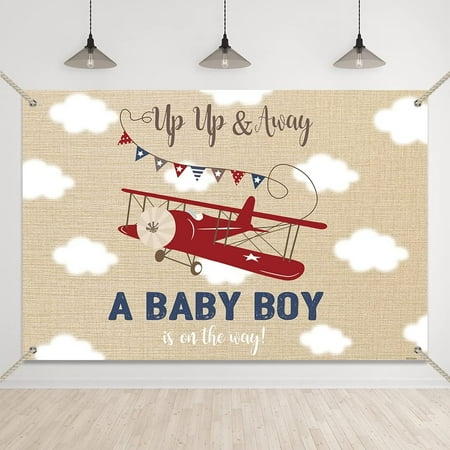 Airplane Baby Shower Backdrop Up Up and Away A Baby Boy is On The Way Decorations Clouds Adventure Awaits Boy Party Background Oh Boy Banner