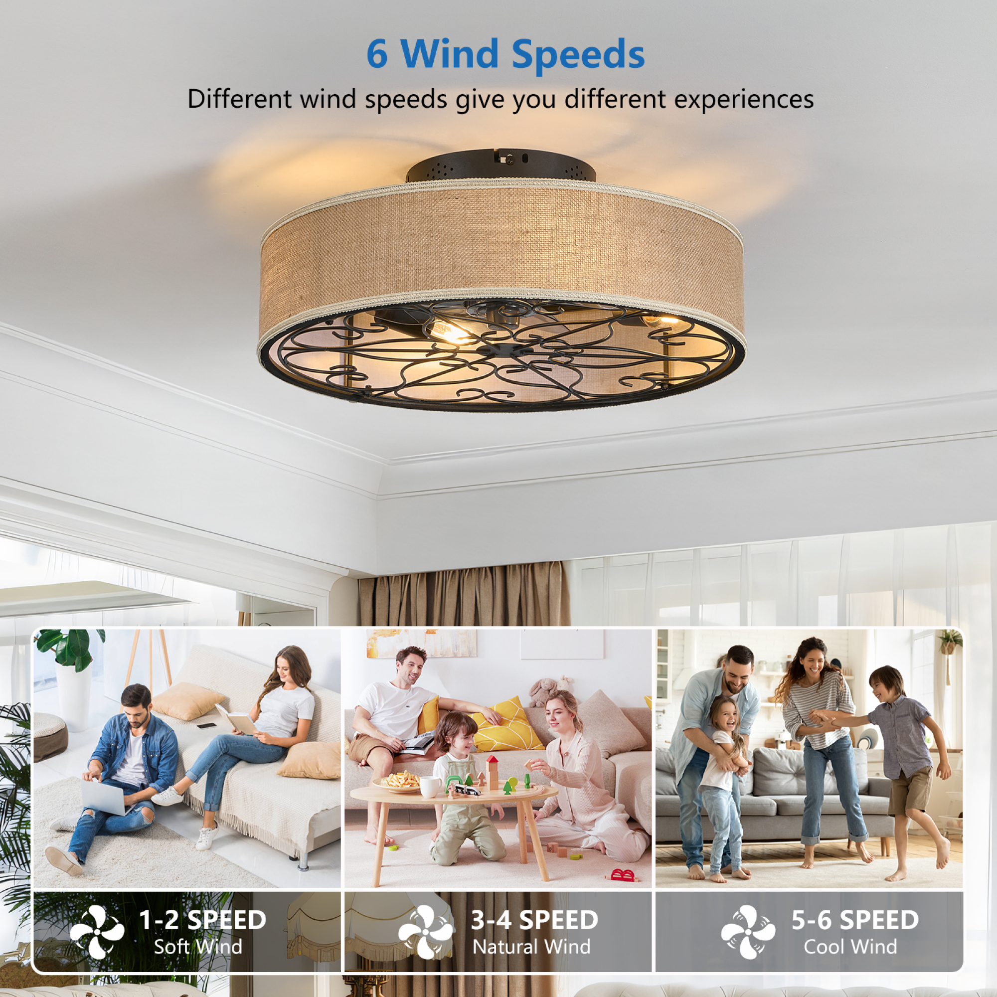 Leumius 20 Inch Caged Ceiling Fans with Lights Flush Mount,Low Profile Fabric Farmhouse Bladeless Ceiling Fan with Remote, Farmhouse White Ceiling Fan for Bedroom,6 Speeds Reversible Silent Fandalier