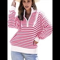 thumbnail image 2 of Suéter de Punto Acanalado de Larga con Media Cremallera A Rayas para Mujer, Tops Casuales, Cómodos y Ligeros, Moda de Otoño Rosa L, 2 of 8