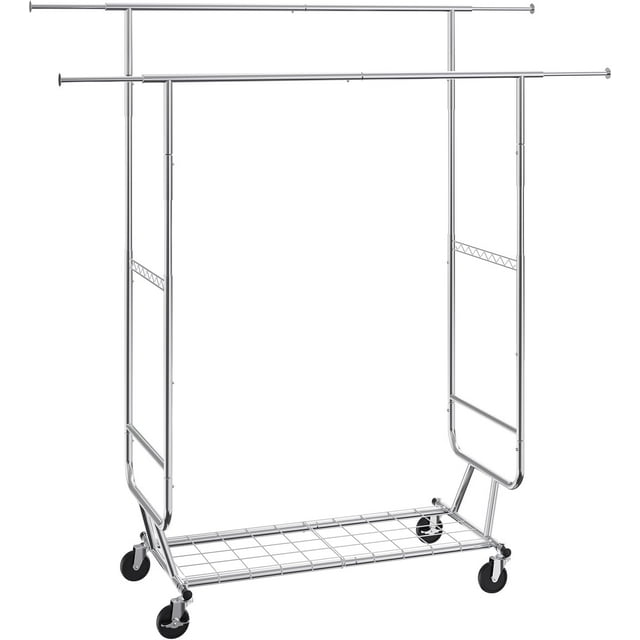 Hopper Heavy Duty Clothes Rack Double Hanging Rod Clothing Garment Rack for Hanging Clothes Adjustable Height and Extendable Length Clothing Rack with Bottom Storage Area 600 lbs Load