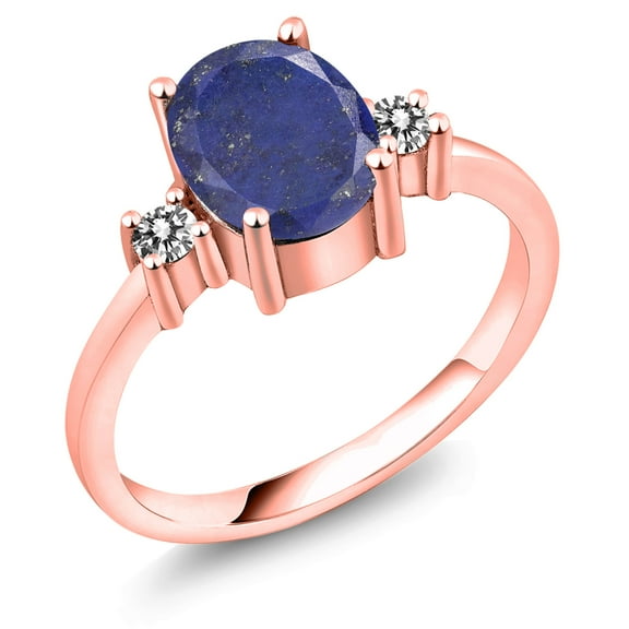 Gem Stone King 2.13 Ct Oval Blue Lapis White Diamond 18K Rose Gold Plated Silver Ring (Size 9)