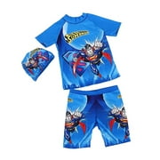 Spiderman Superman Swimwear Kids Boys Swimsuit T-shirt + Shorts + Swim Cap Set-B-6-7Years(Aimia)