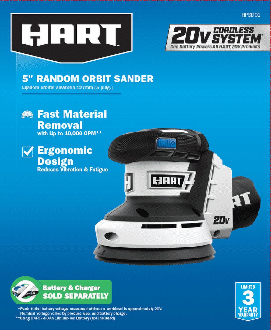 HART 20-VOLT CORDLESS RANDOM ORBIT SANDER AND DUST BAG (BATTERY NOT INCLUDED) NEW CONDITION